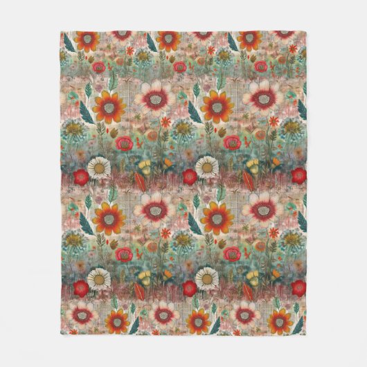 Retro Hippie: Roter Blumengarten Fleecedecke (Vorderseite)