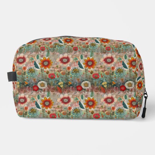 Retro Hippie: Roter Blumengarten Toilettenbeutel Waschbeutel (Vorderseite)