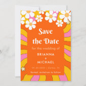 Retro Hippie Style Daisy & Orange Arch 70er Groovy Save The Date (Vorderseite)