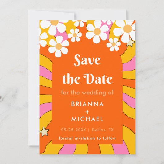 Retro Hippie Style Daisy & Orange Arch 70er Groovy Save The Date (Vorderseite)