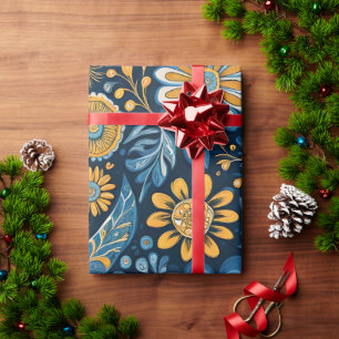 Retro Hippie Vintage Blume Design Yellow Blue Geschenkpapier