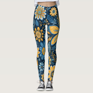 Retro Hippie Vintage Blume Design Yellow Blue Leggings