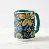 Retro Hippie Vintage Blume Design Yellow Blue Tasse (VorderseiteRechts)