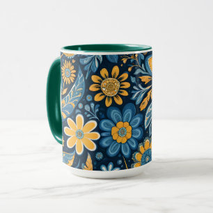 Retro Hippie Vintage Blume Design Yellow Blue Tasse