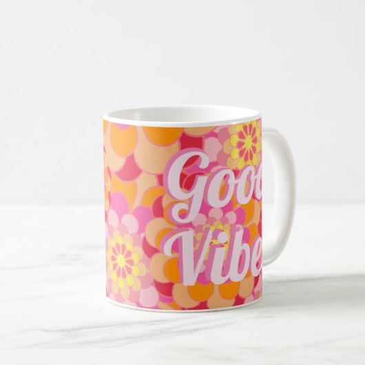 Retro Hippy Orange Pink Blume Gute Vibes Kaffeetasse (VorderseiteRechts)