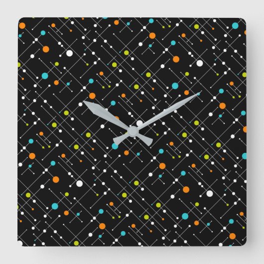 Retro Hipster Black Space Age Atomic Quadratische Wanduhr (Vorderseite)