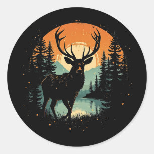 Retro-Hirsch-Sonnenuntergang-Vintage-Wald-Silhouet Runder Aufkleber