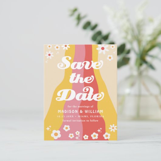 Retro-Hochzeit das Datum speichern Postkarte (Stehend Vorderseite)