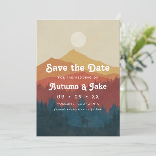 Retro-Hochzeit in den Bergen und Wäldern Save The Date (Stehend Vorderseite)