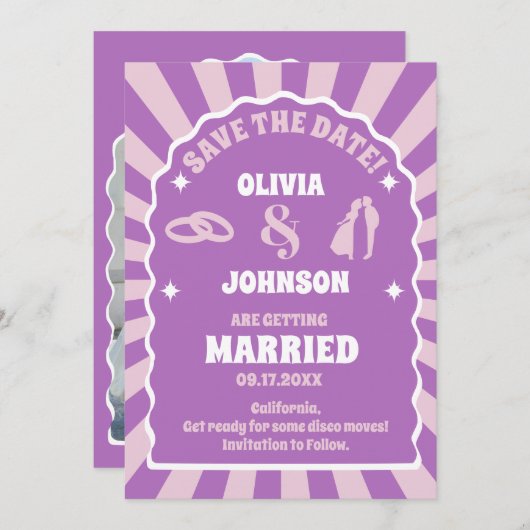 Retro-Hochzeit mit lila Foto Save The Date (Vorne/Hinten)