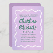 Retro-Hochzeit mit Lila und grüner Wavy-Handschrif Einladung (Vorne/Hinten)