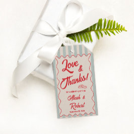 Retro-Hochzeit mit roter Schrift und blauen Streif Geschenkanhänger