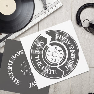 Retro-Hochzeit mit schwarzer und weißer Vinyl-Scha Save The Date