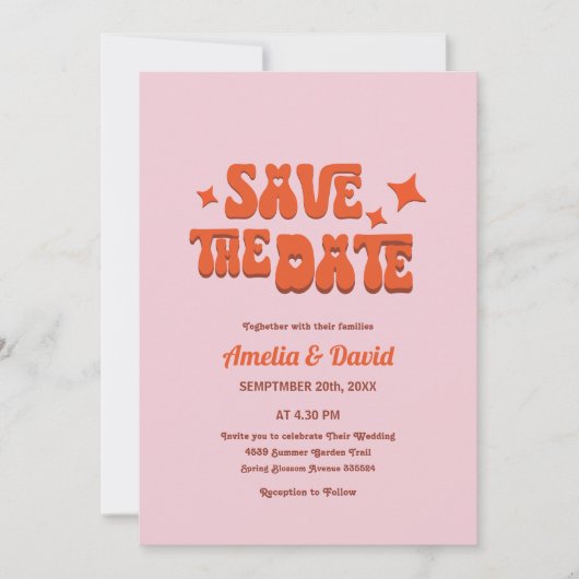 Retro-Hochzeitseinladung in rosa, orange Einladung (Vorderseite)