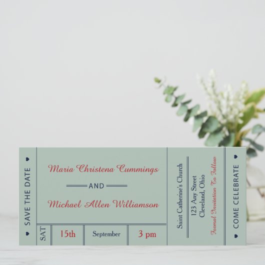 Retro Hochzeitsticket Ankündigung Datum freihalten (Stehend Vorderseite)