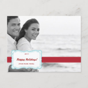 Retro Holiday Foto Postcard Blue & Red Feiertagspostkarte