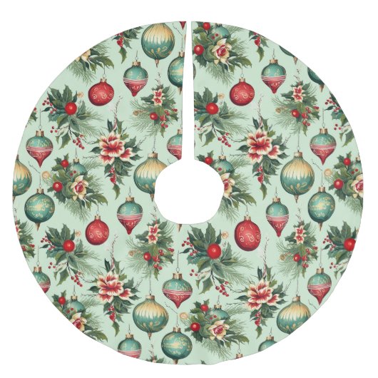 Retro Holiday Ornamente und Blume Weihnachten Polyester Weihnachtsbaumdecke (Vorderseite)