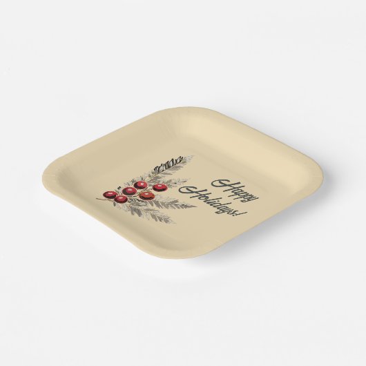 Retro Holly Berries und Evergreen Paper Plate Pappteller (Gewinkelt)
