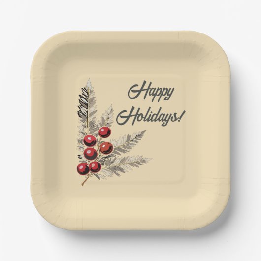 Retro Holly Berries und Evergreen Paper Plate Pappteller (Vorderseite)