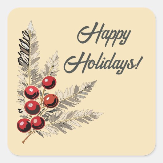 Retro Holly Berries und Evergreen Quadratischer Aufkleber (Vorderseite)