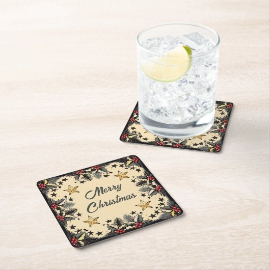 Retro Holly Berries und Evergreen Rechteckiger Pappuntersetzer (Vor Ort)