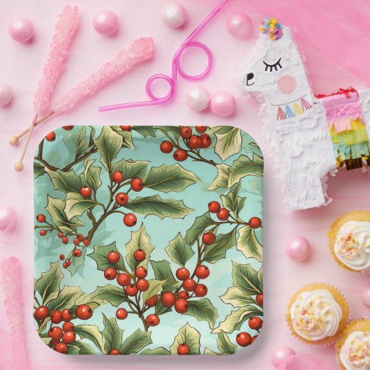 Retro Holly Christmas Large Pappteller (Party)