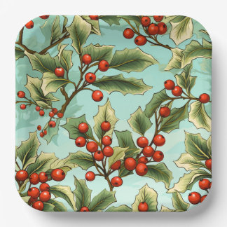 Retro Holly Christmas Large Pappteller