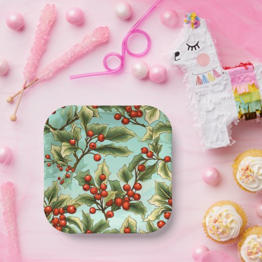 Retro Holly Christmas Small Pappteller (Party)
