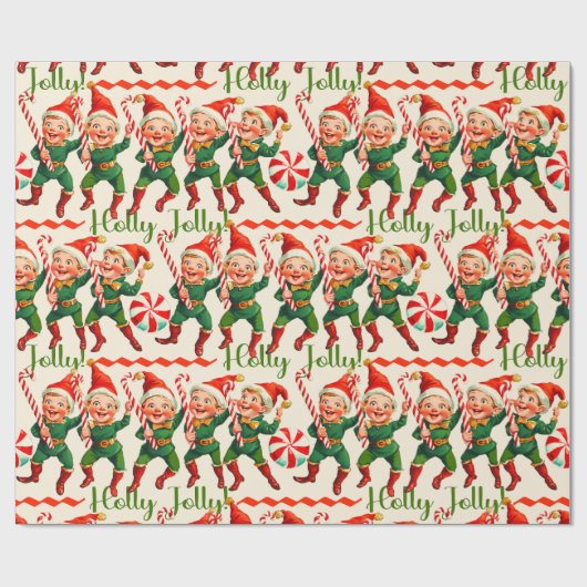 Retro Holly Jolly Christmas Elves Geschenkpapier (Flach)