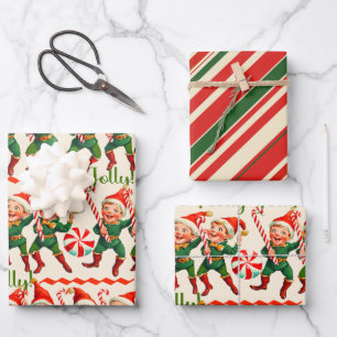 Retro Holly Jolly Christmas Elves Geschenkpapier Set