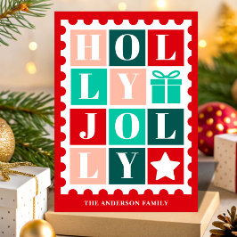Retro Holly Jolly Christmas Postage Stamp Feiertagskarte