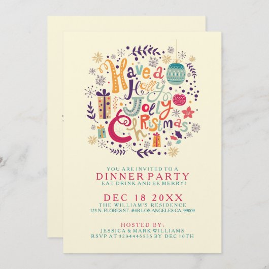 Retro Holly Jolly farbenfrohe Weihnachtsessen einl Einladung (Vorne/Hinten)