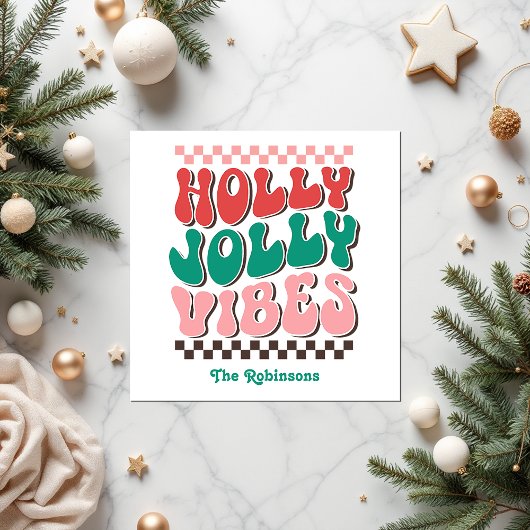 Retro Holly Jolly Vibes Custom Christmas Party Serviette