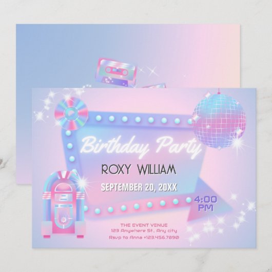 Retro holo disco Geburtstag Einladung (Vorne/Hinten)