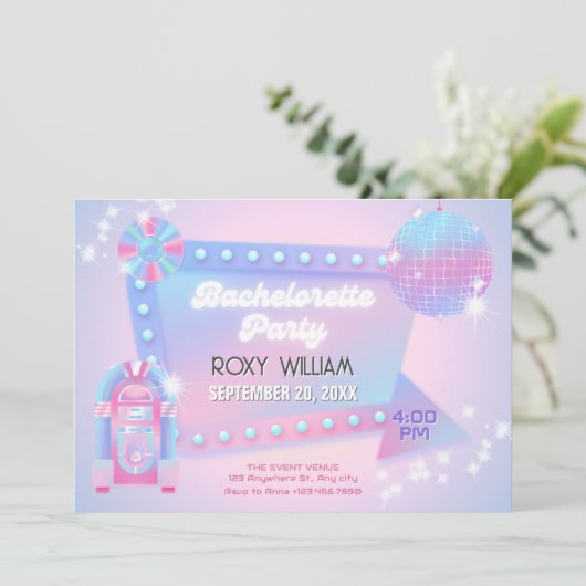 Retro holo disco Junggeselinnen-Abschied Einladung (Stehend Vorderseite)