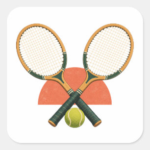 Retro-Holz-Tennisschläger und chartreuse Ball Quadratischer Aufkleber