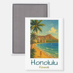 Retro Honolulu Hawaii Waikiki Beach Magnet