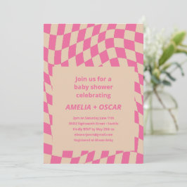 Retro Hot Pink Abstract Checkerboard Baby Shower Einladung