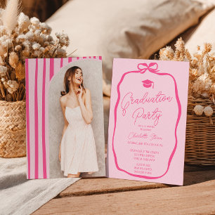 Retro-Hot-Pink-Coquette-Schleife Foto-Abschluss Einladung