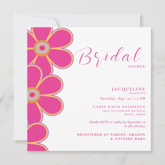 Retro Hot Pink Floral Square Brautparty Einladung (Vorderseite)