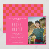 Retro Hot Pink Red Checkerboard Foto Bat Mitzvah