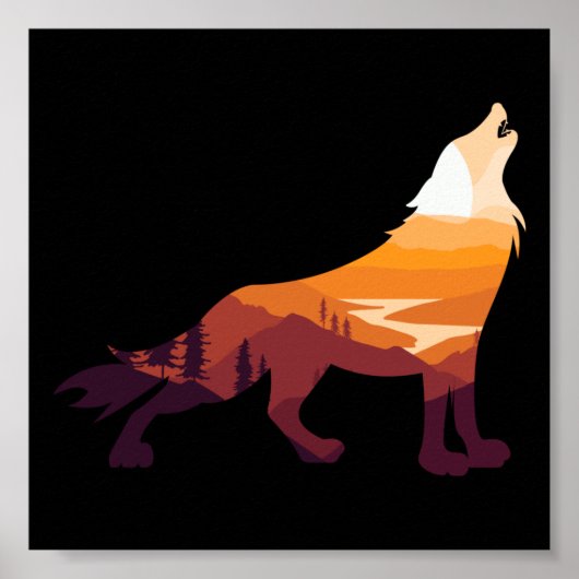 Retro Howling Wolf Landschaft Wilderness Sunset Poster (Vorne)