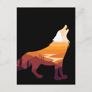 Retro Howling Wolf Landschaft Wilderness Sunset Postkarte