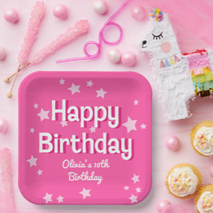 Retro Hübsch rosa Sterne Happy Birthday Pappteller