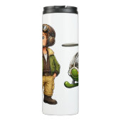 Retro-Hubschrauberpilot-Junge mit Vintage-Chopper Thermosbecher (Rückseite)