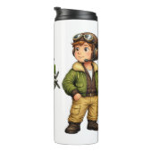 Retro-Hubschrauberpilot-Junge mit Vintage-Chopper Thermosbecher (Nach rechts gedreht)