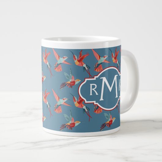 Retro Hummingbird-Muster| Monogramm Jumbo-Tasse (Vorderseite Rechts)