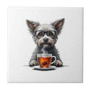Retro-Hund hält Tee mit Brille Retro-Haustier-Illu Fliese