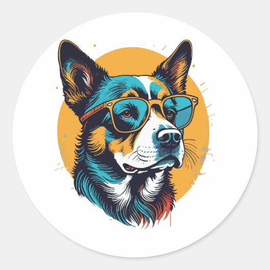 Retro Hund mit Sonnenbrille Runder Aufkleber (Vorderseite)