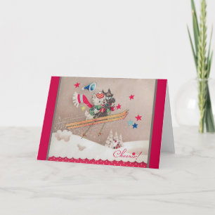 Retro Hunde Skifahren Weihnachts Grußkarte Feiertagskarte